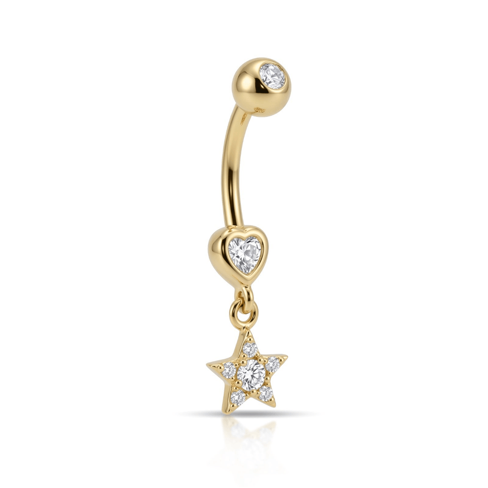 14 Ayar Altın Kalp Taşlı Yıldız Sallantılı Göbek Piercing - Dianora Piercing Jewelry