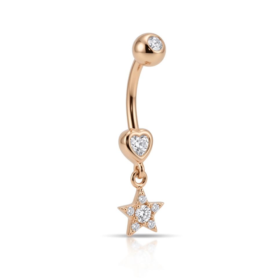 14 Ayar Altın Kalp Taşlı Yıldız Sallantılı Göbek Piercing - Dianora Piercing Jewelry