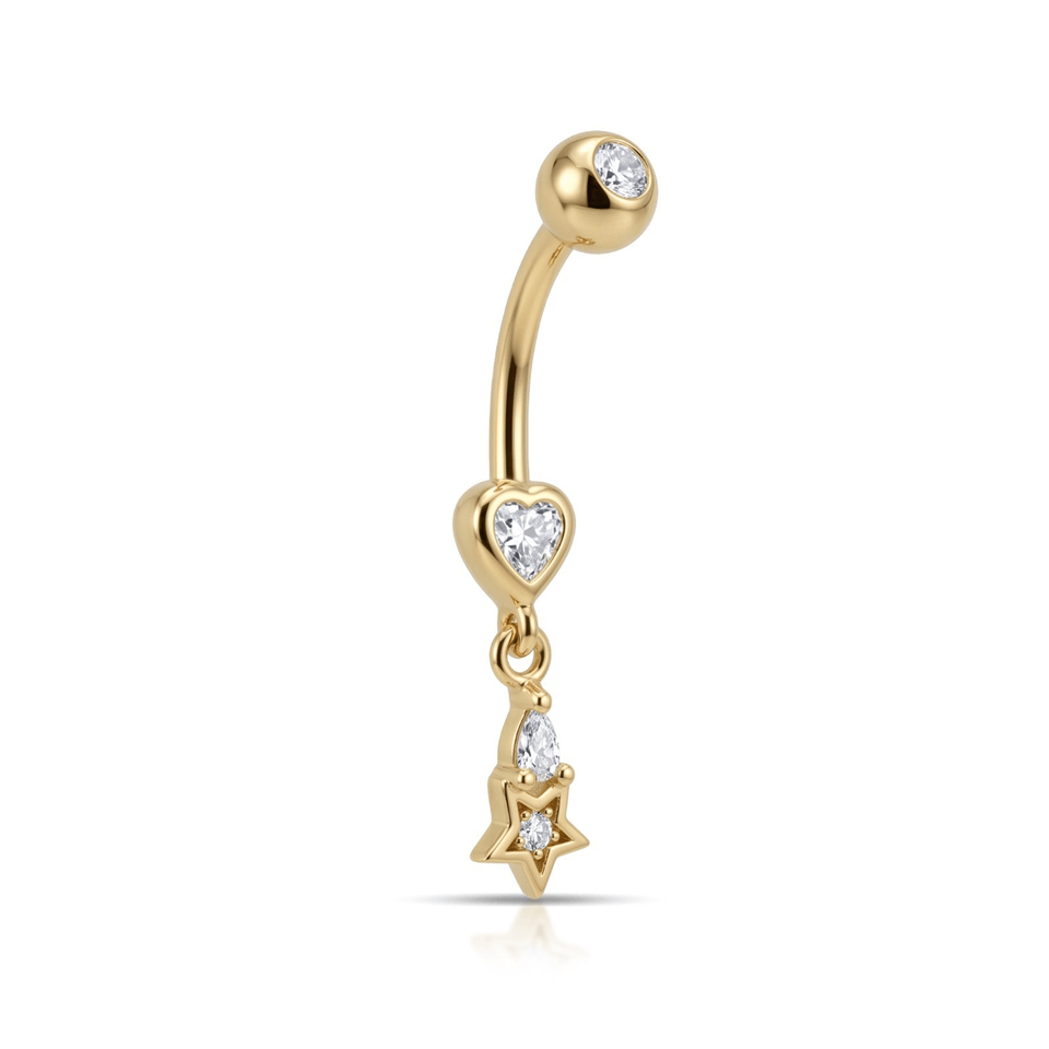 14 Ayar Altın Kalp Taşlı Yıldız Sallantılı Göbek Piercing - Dianora Piercing Jewelry