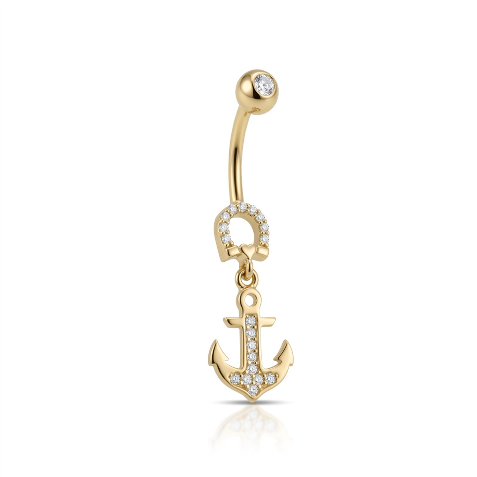 14 Ayar Altın Kalpli At Nalı ve Çapa Sallantılı Göbek Piercing - Dianora Piercing Jewelry