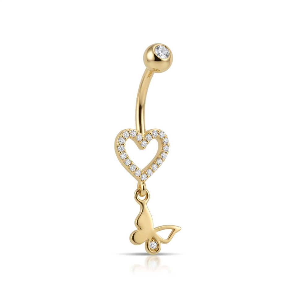 14 Ayar Altın Kalpli Kelebek Sallantılı Göbek Piercing  - Dianora Piercing Jewelry