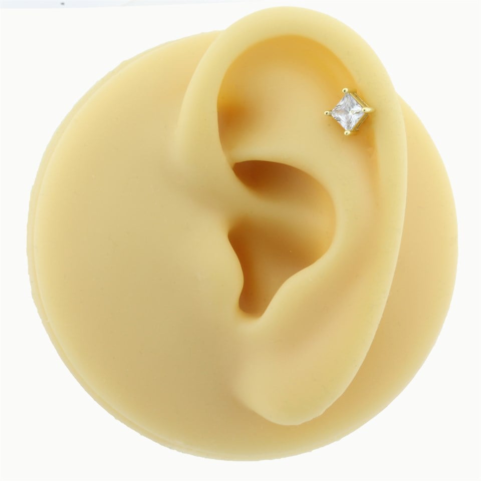 14 Ayar Altın Kare Taşlı Helix/Kıkırdak Piercing