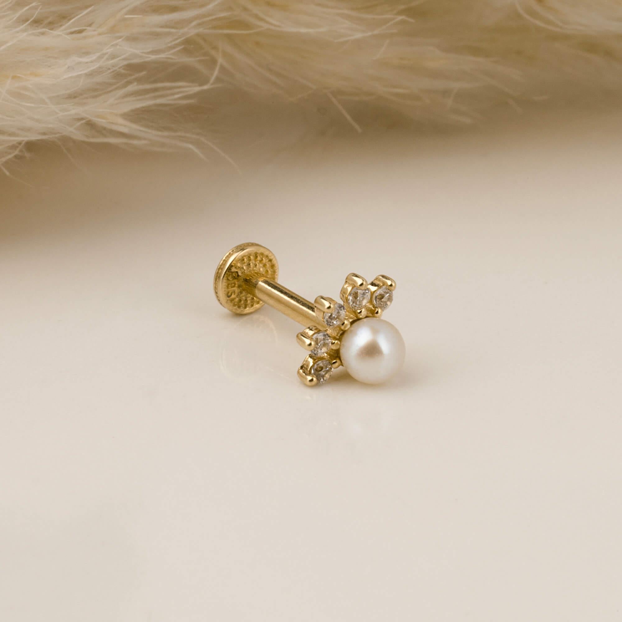 14 Ayar Altın Kırmızı Taşlı Minimal Tragus Piercing | Dianora Piercing