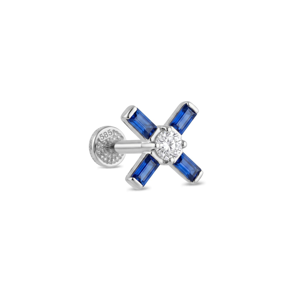 14 Ayar Altın Lacivert Baget Taşlı Minimal Tragus Piercing - Dianora Piercing Jewelry