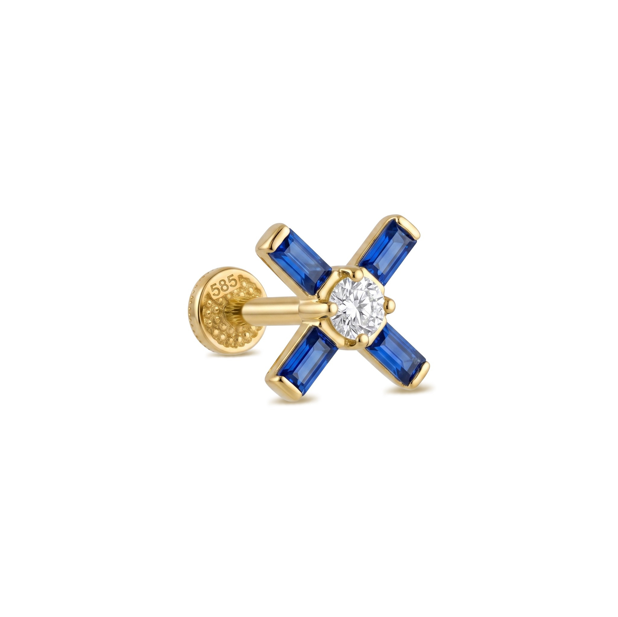 14 Ayar Altın Lacivert Baget Taşlı Minimal Tragus Piercing - Dianora Piercing Jewelry