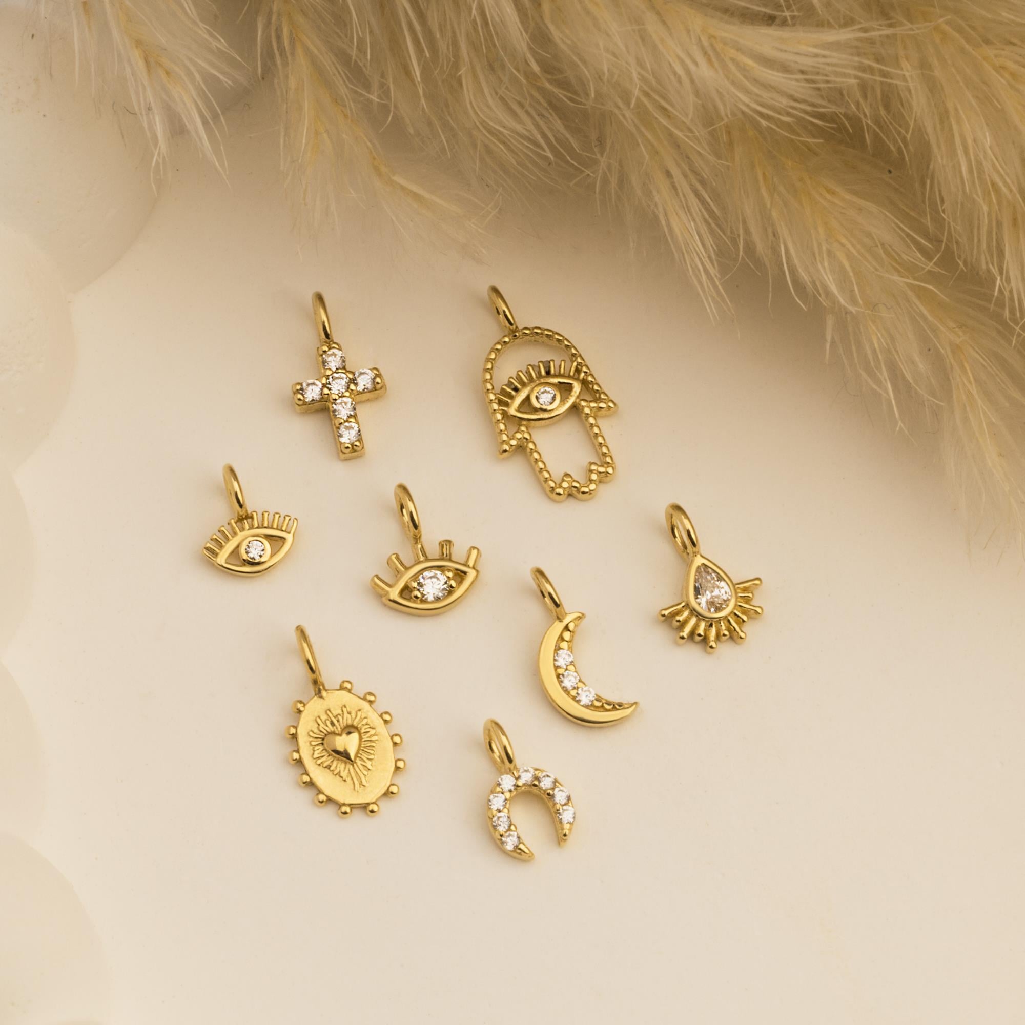 14 Ayar Altın Lacivert Mineli Nazar Boncuk Motifli Minimal Charm - Dianora Piercing