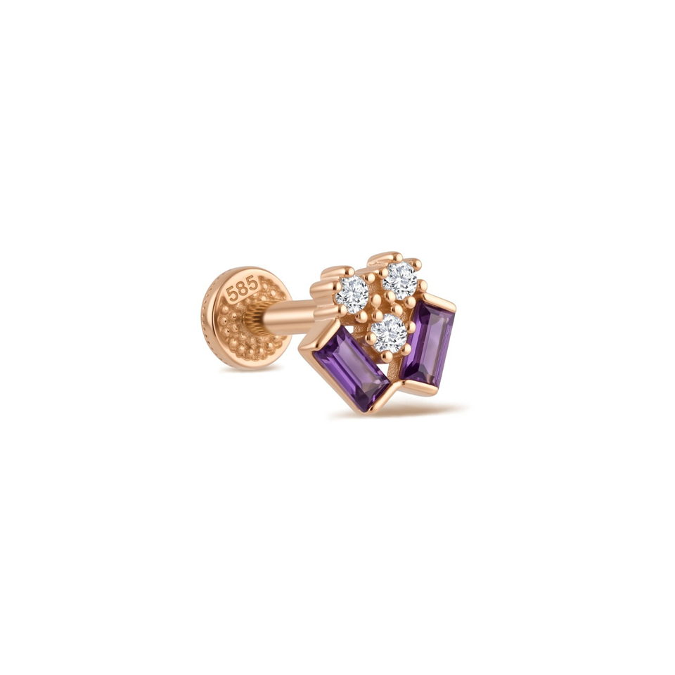 14 Ayar Altın Mor Baget Taşlı Minimal Tragus Piercing - Dianora Piercing Jewelry