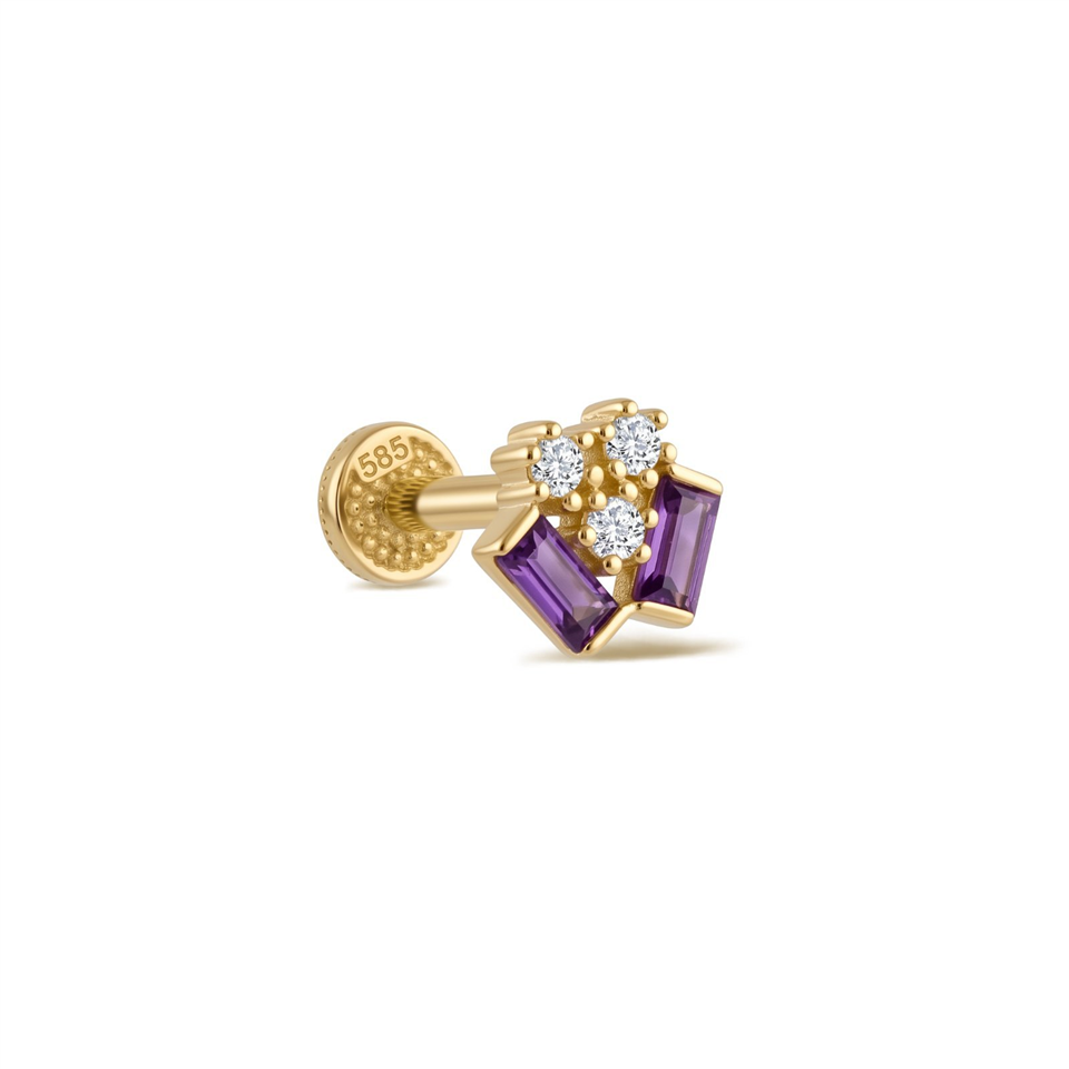 14 Ayar Altın Mor Baget Taşlı Minimal Tragus Piercing - Dianora Piercing Jewelry