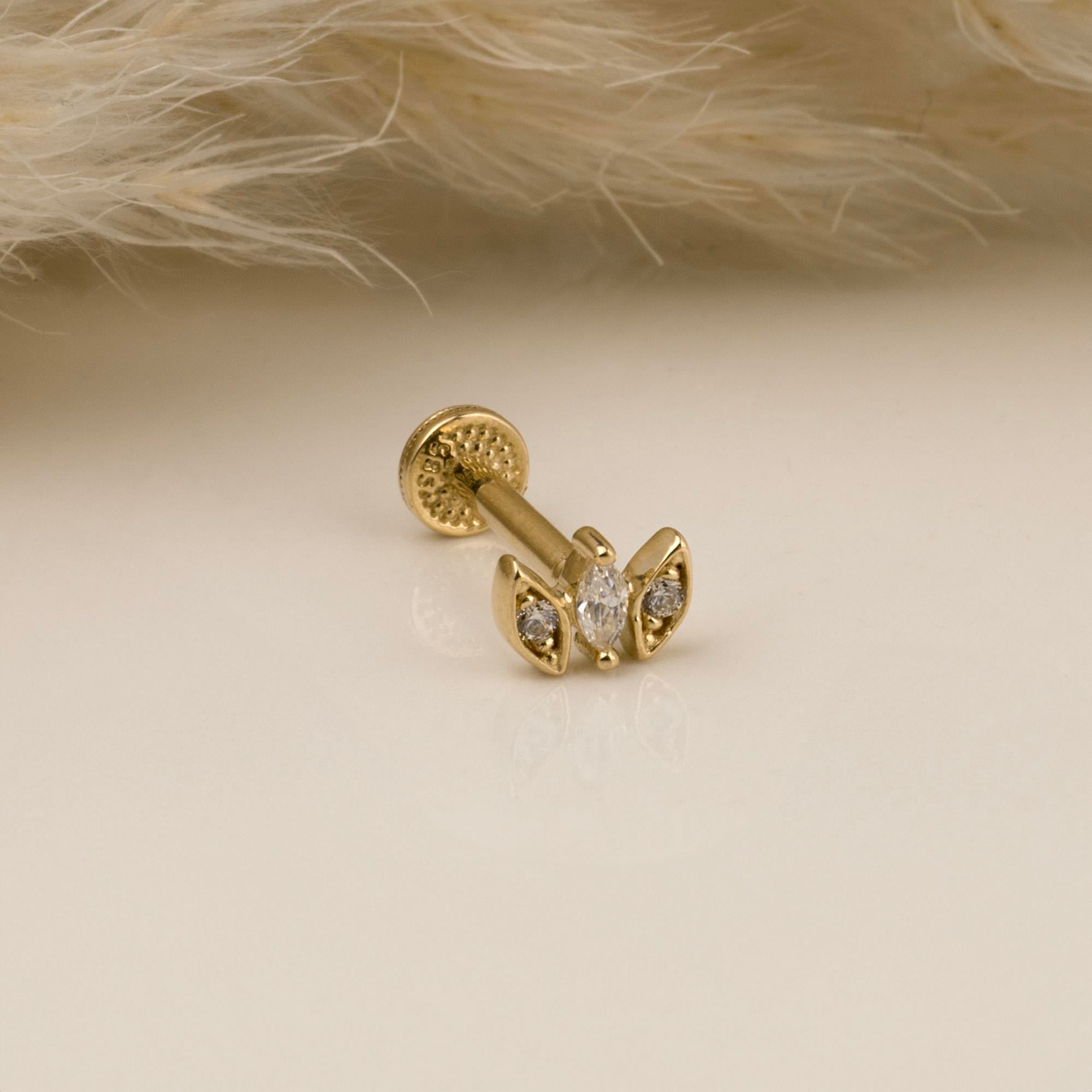 14 Ayar Altın Papillon Minimal Tragus Piercing - Dianora 