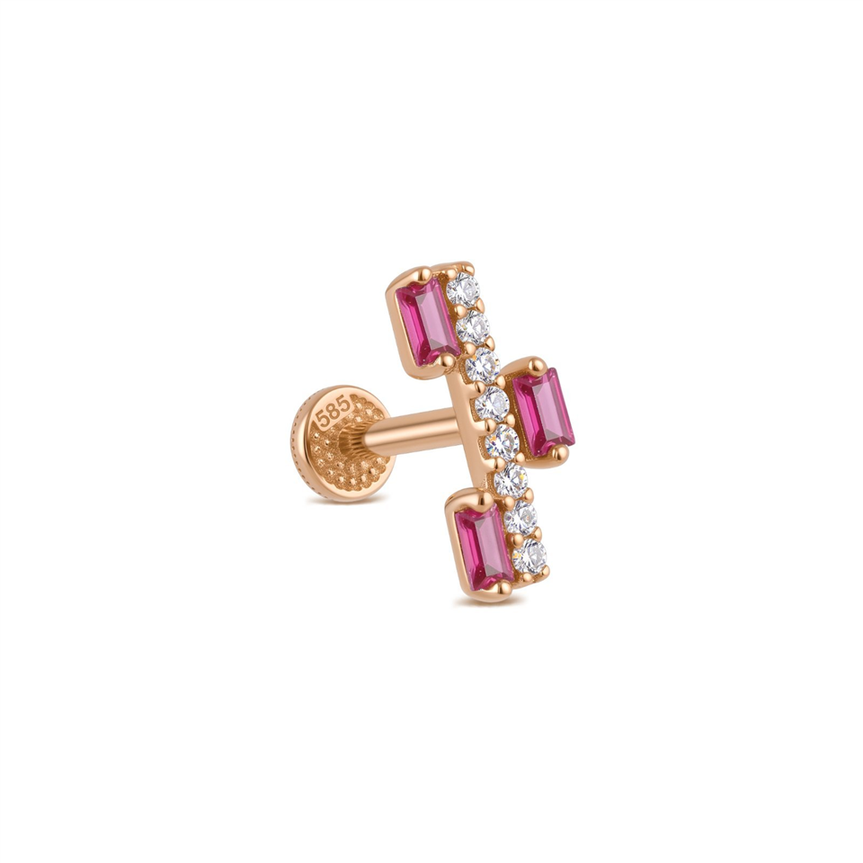 14 Ayar Altın Pembe Baget Taşlı Minimal Tragus Piercing - Dianora Piercing Jewelry