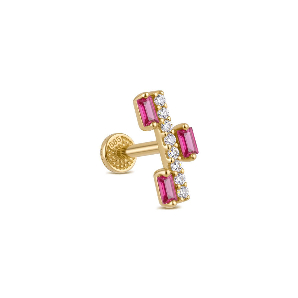 14 Ayar Altın Pembe Baget Taşlı Minimal Tragus Piercing - Dianora Piercing Jewelry