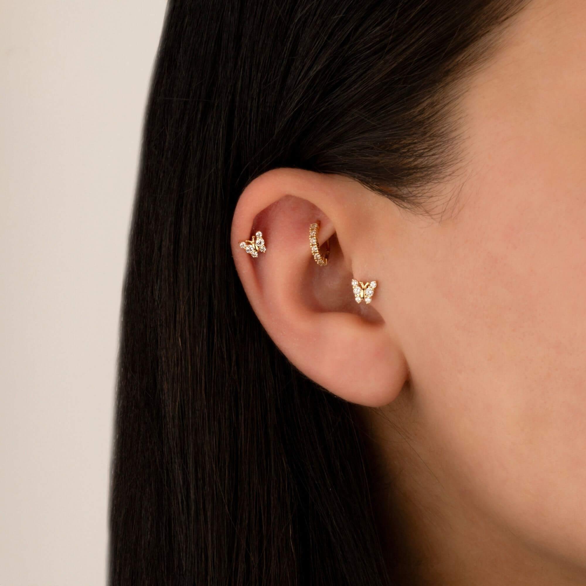 14 Ayar Altın Pembe Mineli Kalp Tragus Piercing - Dianora Piercing