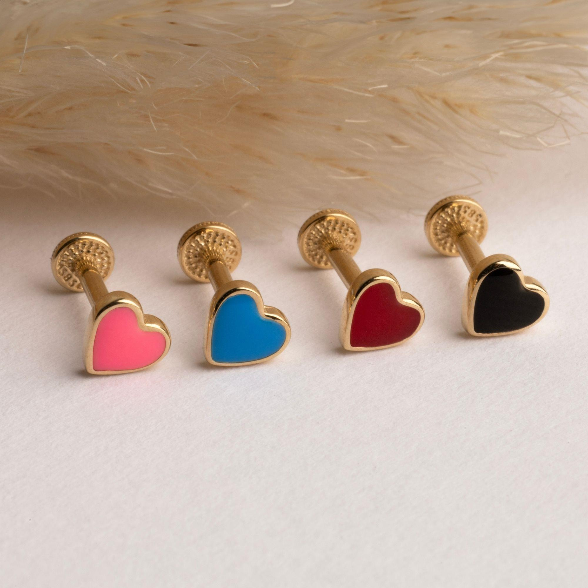 14 Ayar Altın Pembe Mineli Kalp Tragus Piercing - Dianora Piercing