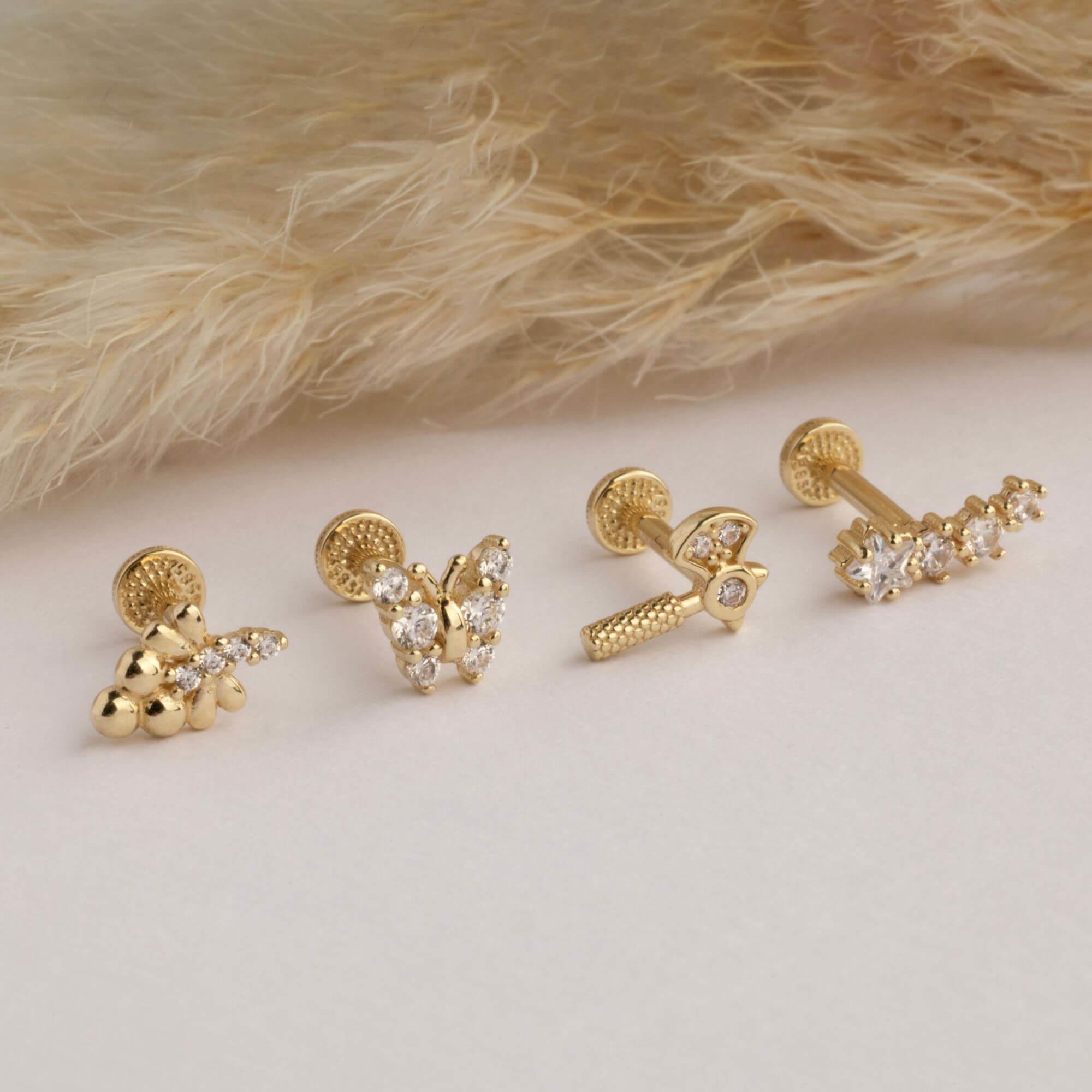 14 Ayar Altın Pembe Mineli Kalp Tragus Piercing - Dianora Piercing