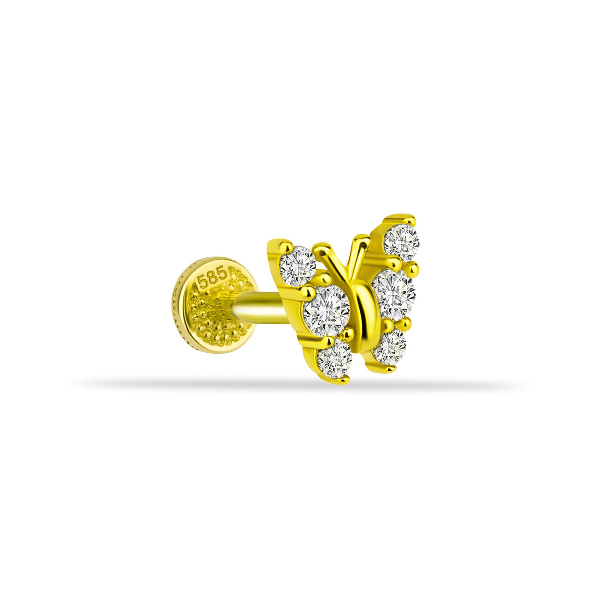 14 Ayar Altın Pembe Mineli Kalp Tragus Piercing - Dianora Piercing