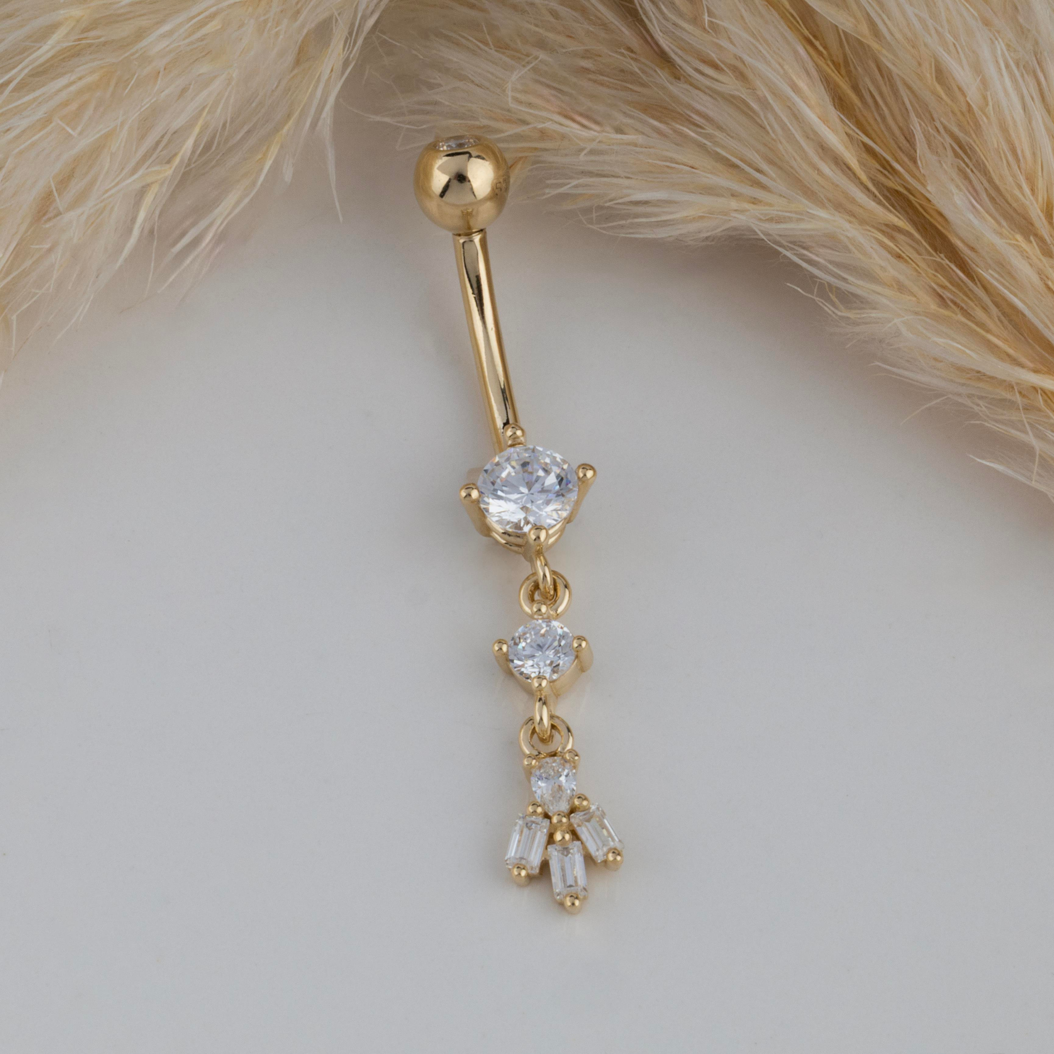 14 Ayar Altın Sallantılı Üç Taşlı Göbek Piercing - Dianora Piercing