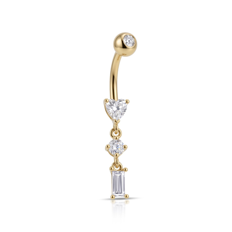 14 Ayar Altın Sallantılı Üç Taşlı Göbek Piercing - Dianora Piercing Jewelry