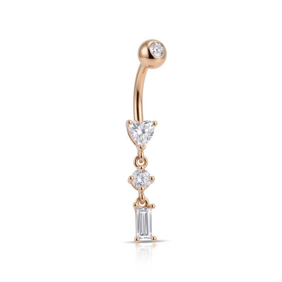 14 Ayar Altın Sallantılı Üç Taşlı Göbek Piercing - Dianora Piercing Jewelry
