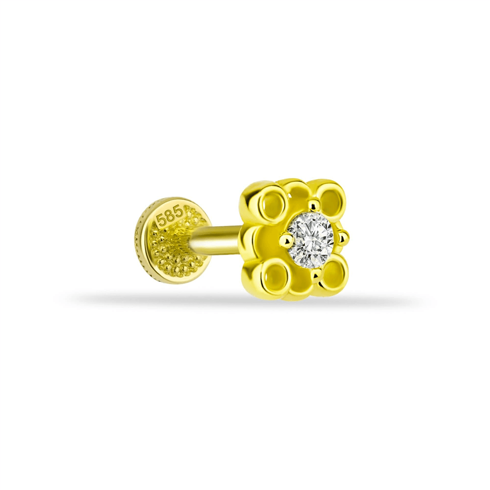 14 Ayar Altın Taşlı 4 Daireli Minimal Tragus Piercing - Dianora Piercing Jewelry