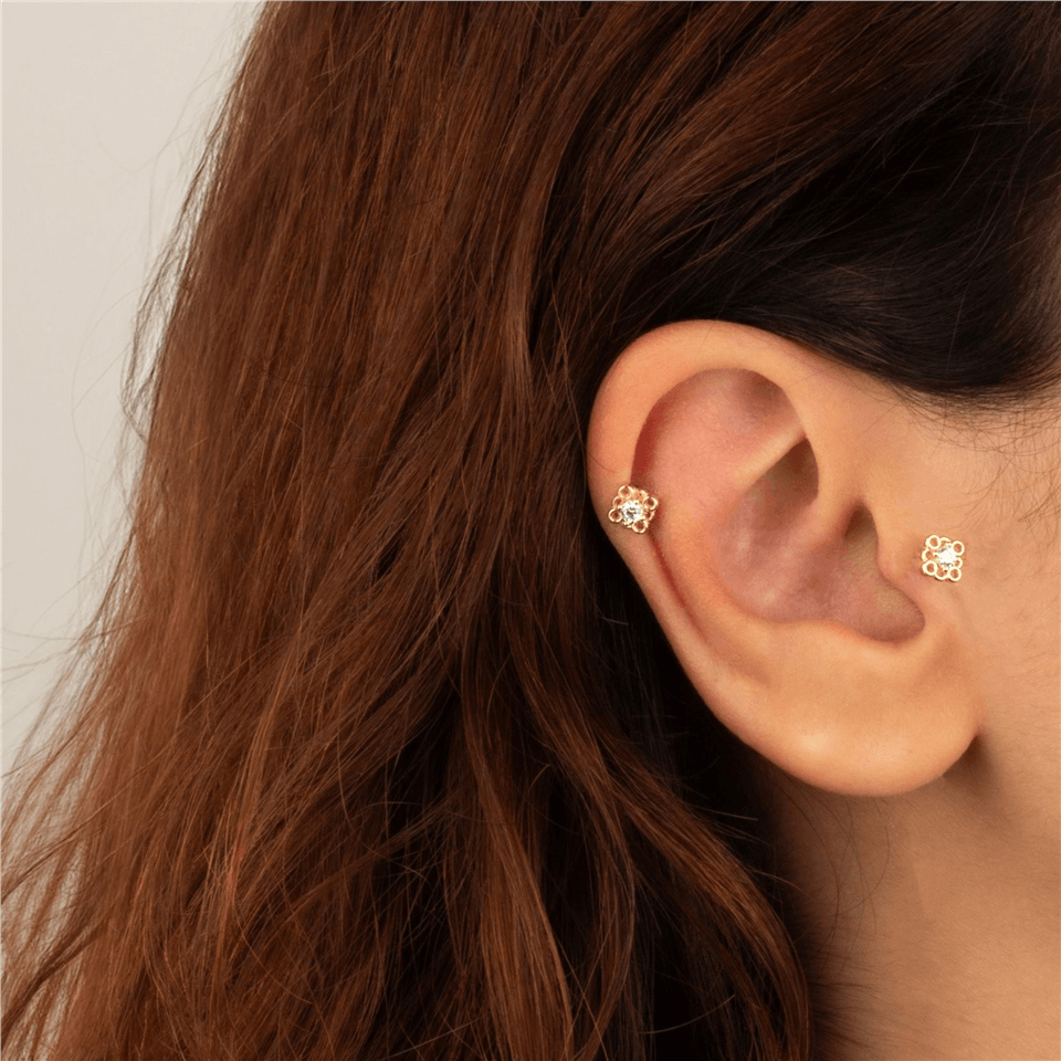 14 Ayar Altın Taşlı 4 Daireli Minimal Tragus Piercing - Dianora Piercing Jewelry