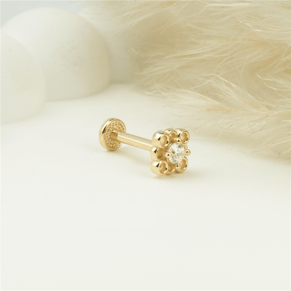14 Ayar Altın Taşlı 4 Daireli Minimal Tragus Piercing - Dianora Piercing Jewelry