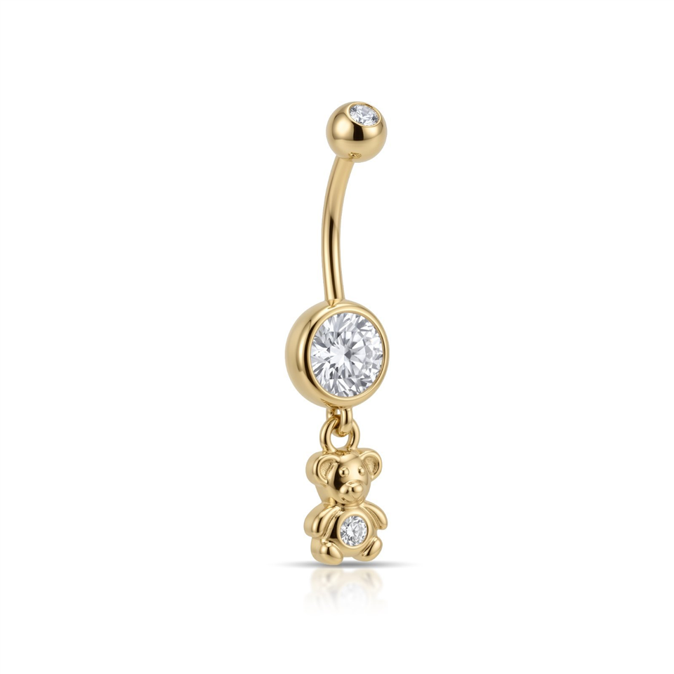 14 Ayar Altın Taşlı Ayıcık Motifli Sallantılı Göbek Piercing  - Dianora Piercing Jewelry