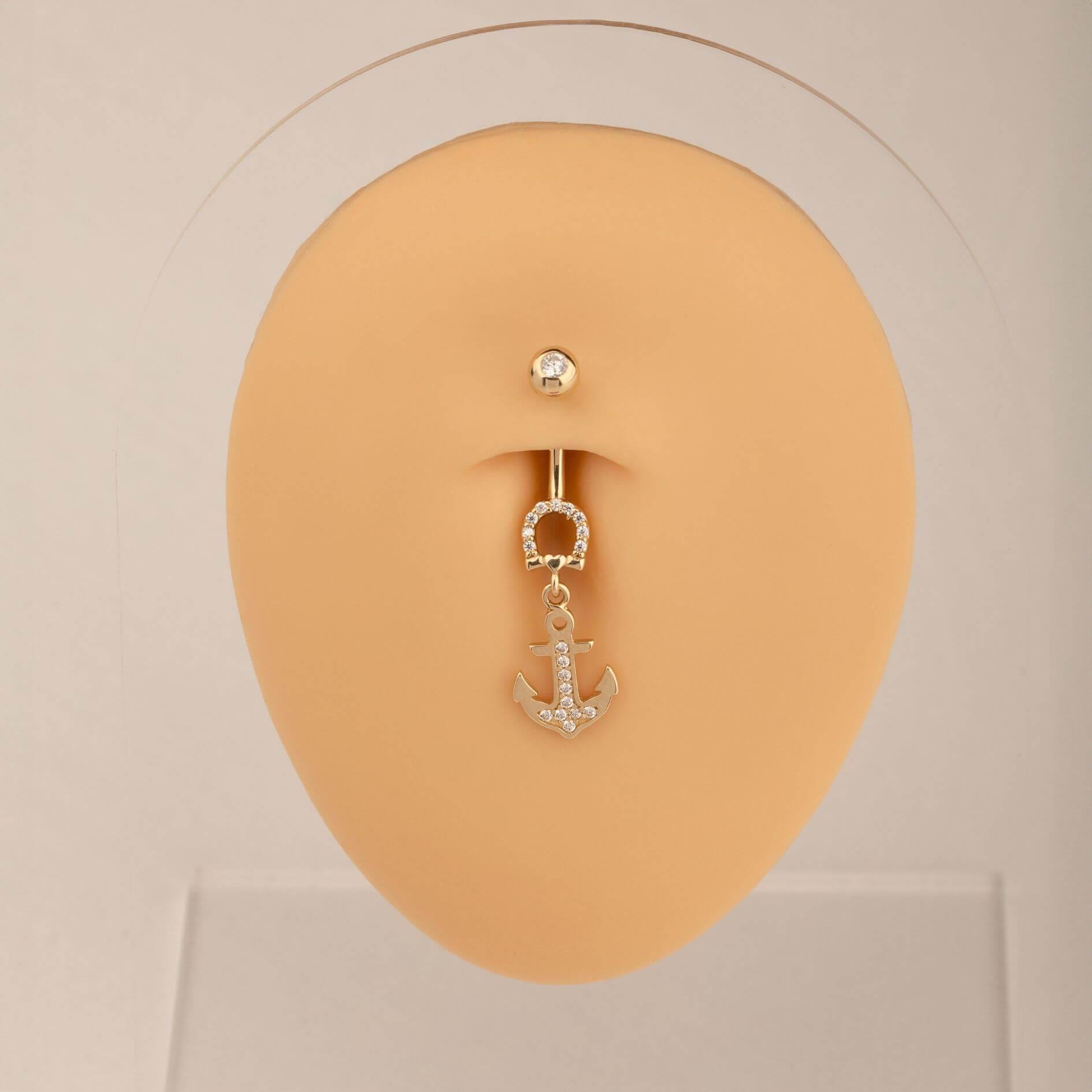 14 Ayar Altın Taşlı Ayıcık Motifli Sallantılı Göbek Piercing - Dianora Piercing