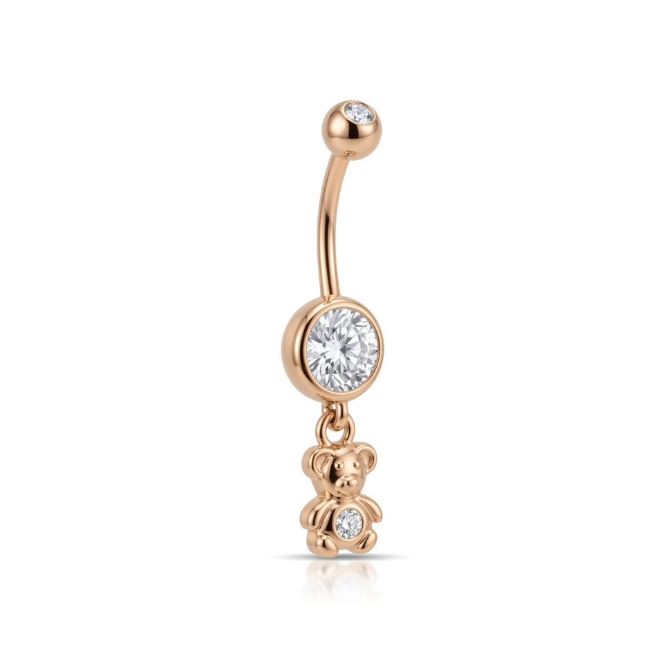 14 Ayar Altın Taşlı Ayıcık Motifli Sallantılı Göbek Piercing  - Dianora Piercing Jewelry