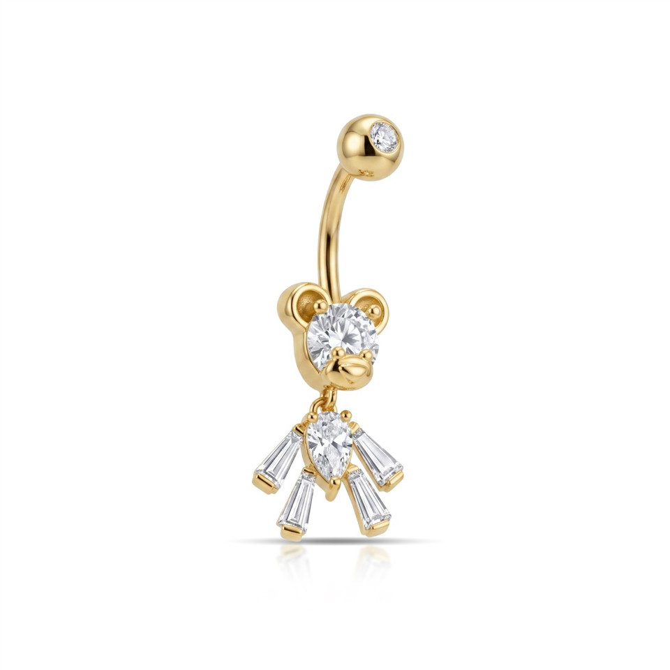 14 Ayar Altın Taşlı Ayıcık Motifli Sallantılı Göbek Piercing - Dianora Piercing Jewelry