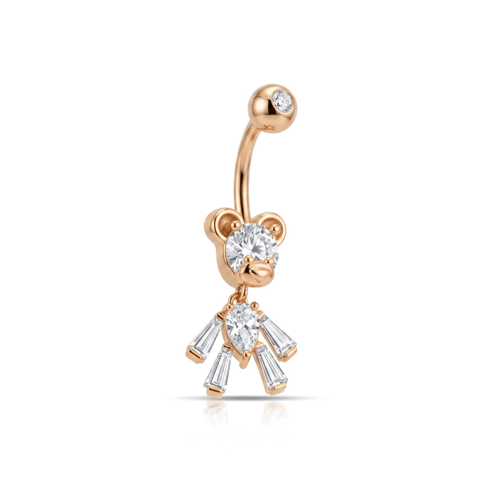 14 Ayar Altın Taşlı Ayıcık Motifli Sallantılı Göbek Piercing - Dianora Piercing Jewelry