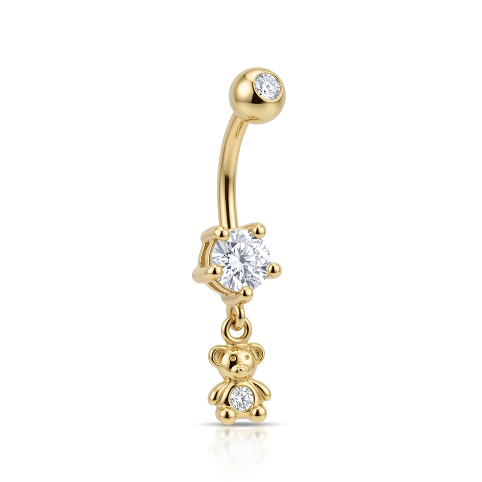 14 Ayar Altın Taşlı Ayıcık Sallantılı Göbek Piercing - Dianora Piercing Jewelry