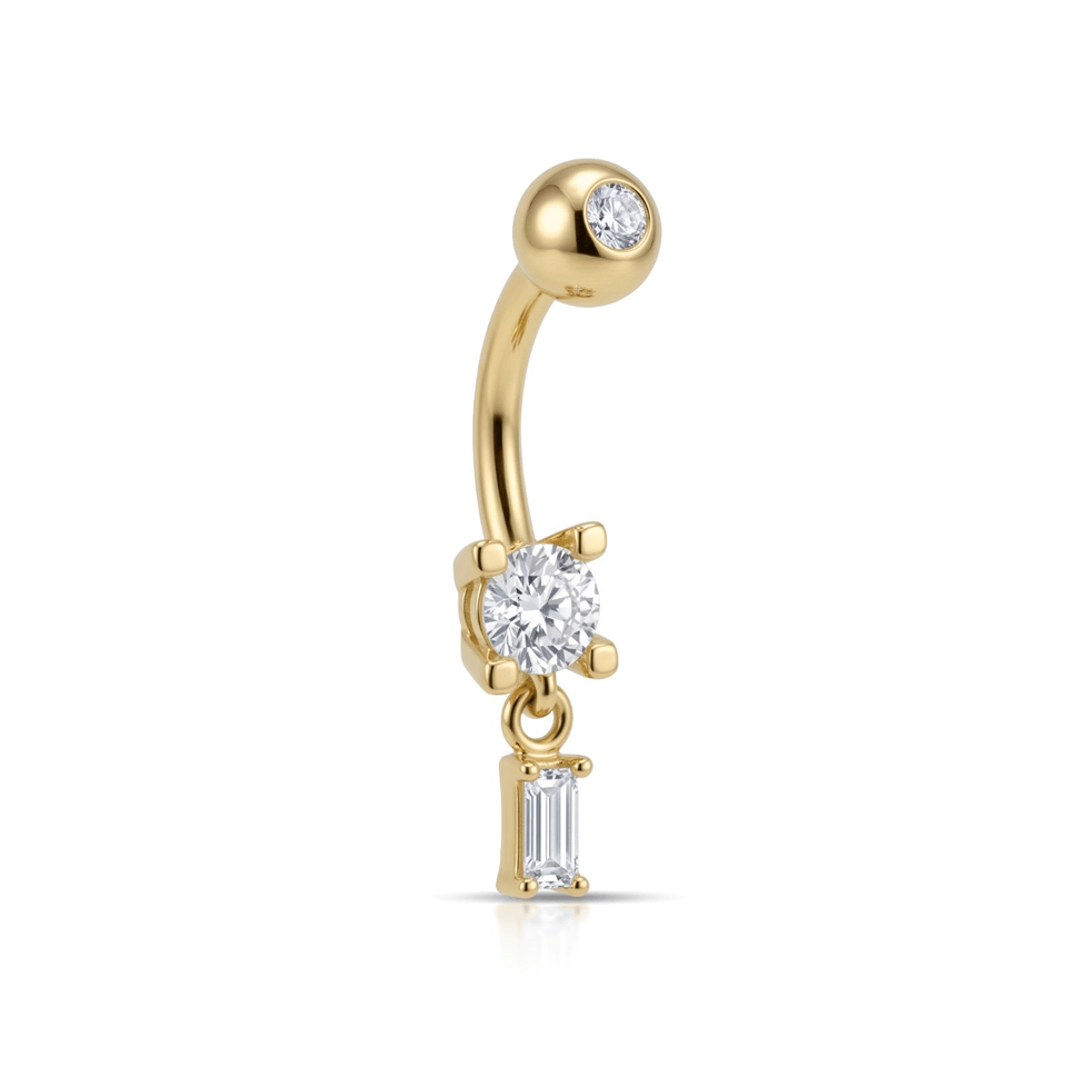 14 Ayar Altın Taşlı Baget Taş Sallantılı Göbek Piercing - Dianora Piercing Jewelry