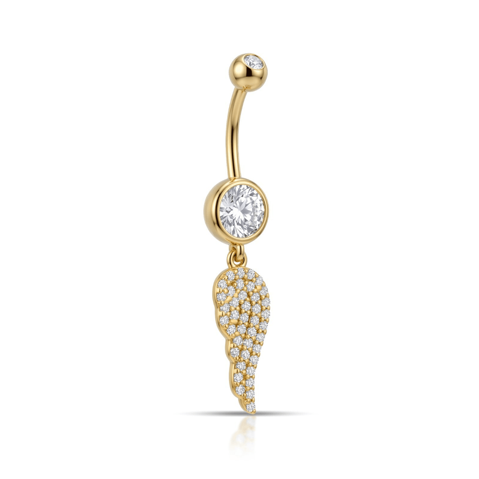 14 Ayar Altın Taşlı Büyük Kanat Sallantılı Göbek Piercing - Dianora Piercing Jewelry