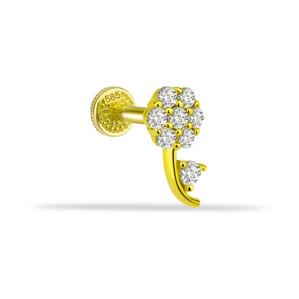 14 Ayar Altın Taşlı Çiçek Minimal Tragus Piercing - Dianora Piercing Jewelry