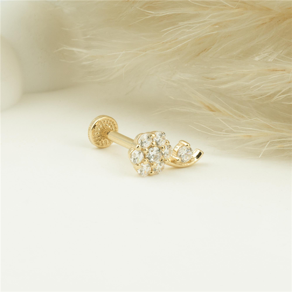 14 Ayar Altın Taşlı Çiçek Minimal Tragus Piercing - Dianora Piercing Jewelry