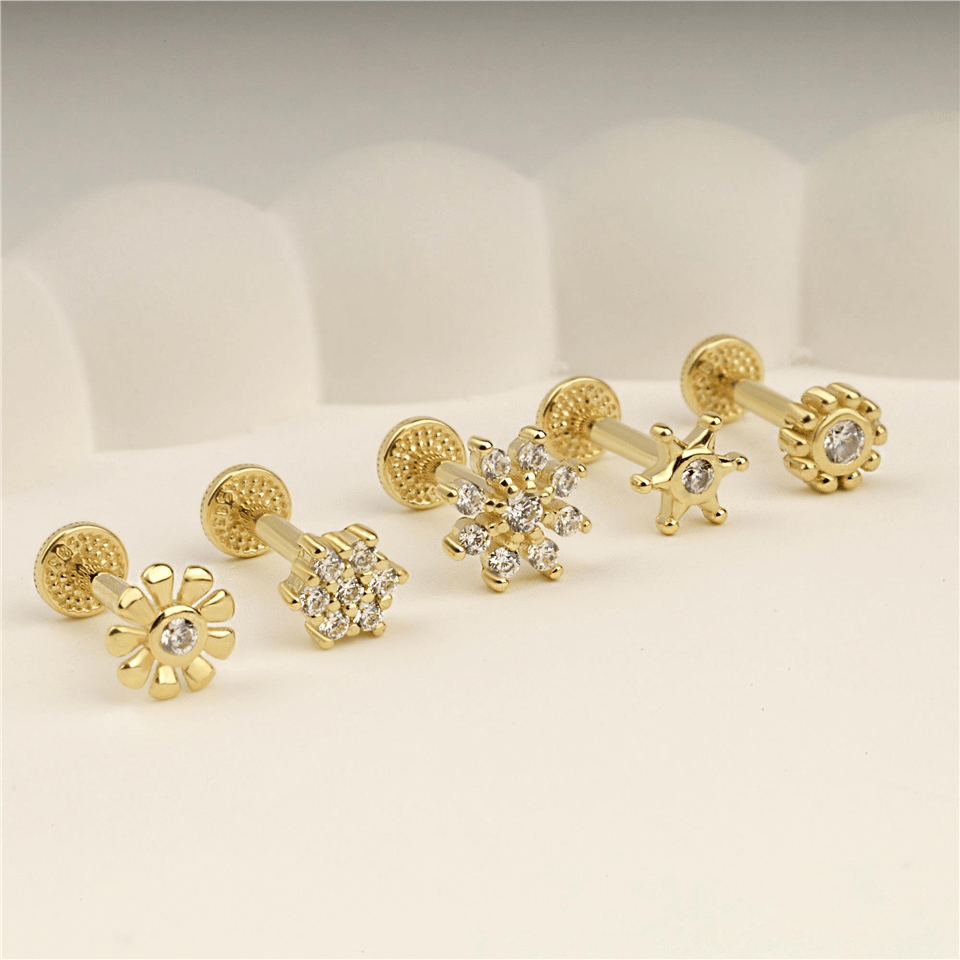 14 Ayar Altın Taşlı Çiçek  Minimal Tragus Piercing - Dianora Piercing Jewelry