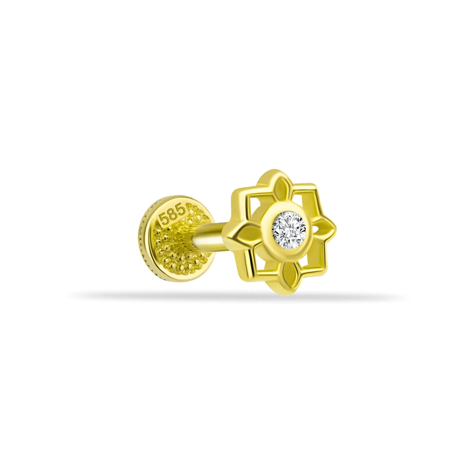 14 Ayar Altın Taşlı Çiçek Minimal Tragus Piercing - Dianora Piercing Jewelry