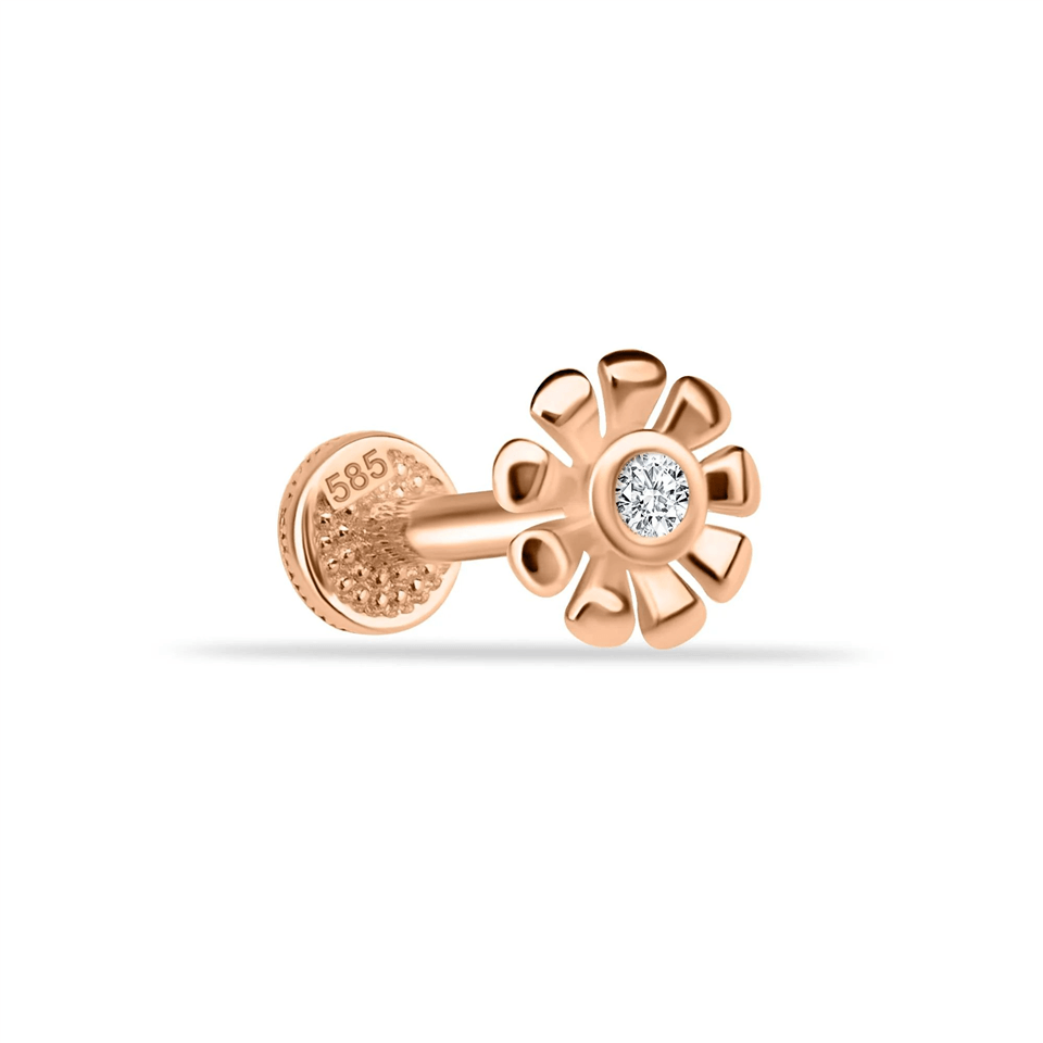 14 Ayar Altın Taşlı Çiçek  Minimal Tragus Piercing - Dianora Piercing Jewelry