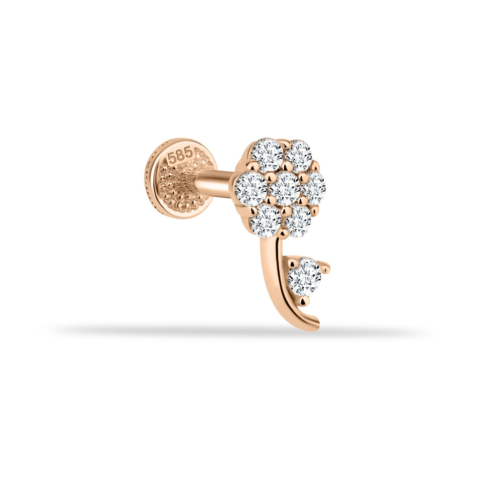 14 Ayar Altın Taşlı Çiçek Minimal Tragus Piercing - Dianora Piercing Jewelry