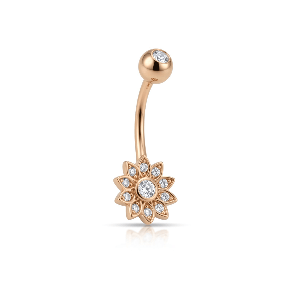 14 Ayar Altın Taşlı Çiçek Motifli Göbek Piercing - Dianora Piercing Jewelry