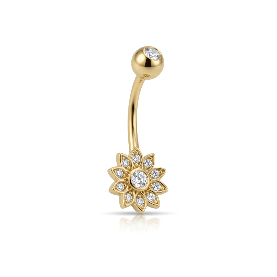 14 Ayar Altın Taşlı Çiçek Motifli Göbek Piercing - Dianora Piercing Jewelry