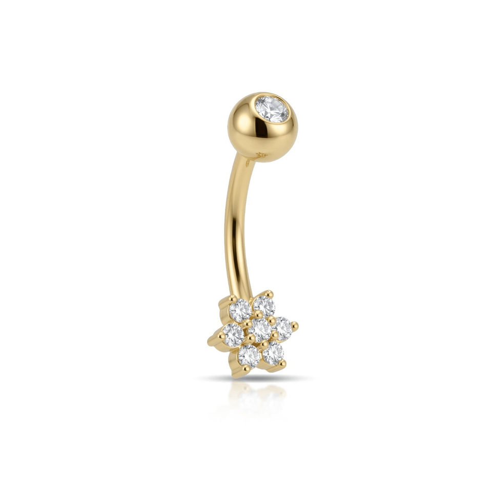 14 Ayar Altın Taşlı Çiçek Motifli Göbek Piercing - Dianora Piercing Jewelry