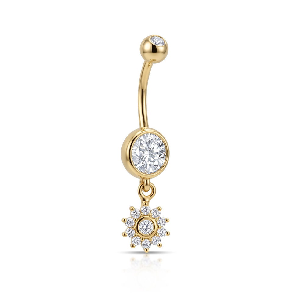 14 Ayar Altın Taşlı Çiçek Sallantılı Göbek Piercing - Dianora Piercing Jewelry