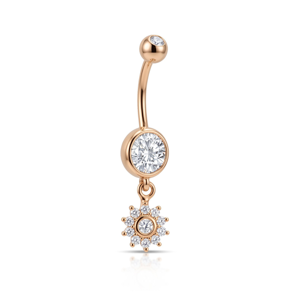 14 Ayar Altın Taşlı Çiçek Sallantılı Göbek Piercing - Dianora Piercing Jewelry