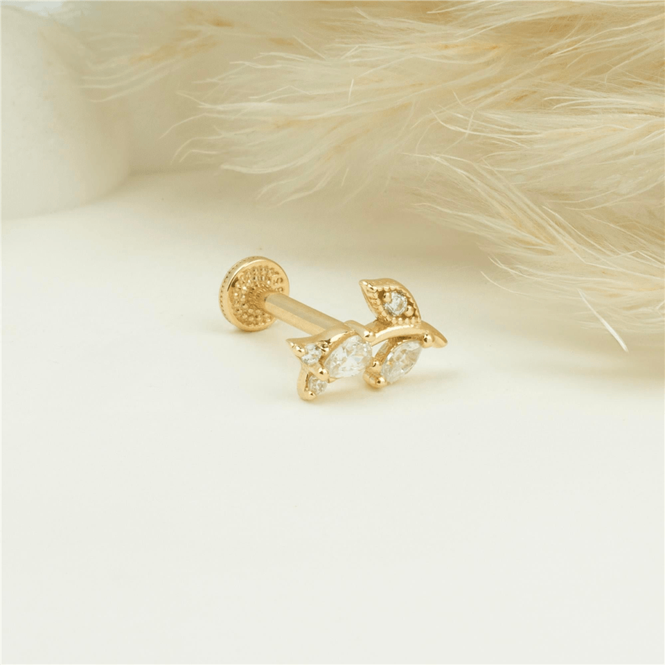 14 Ayar Altın Taşlı Çiçek Tragus Piercing - Dianora Piercing Jewelry