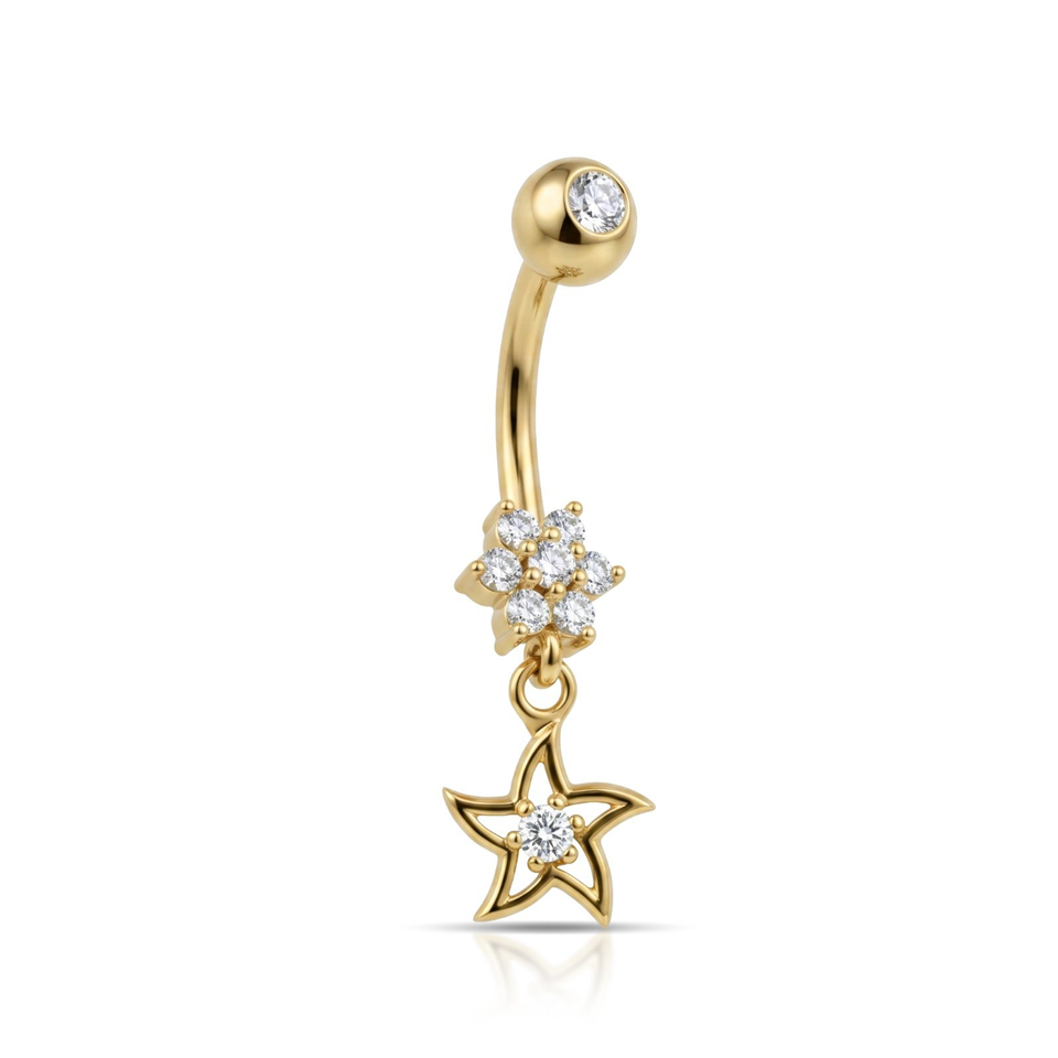 14 Ayar Altın Taşlı Çiçek ve Yıldız Sallantılı Göbek Piercing - Dianora Piercing Jewelry