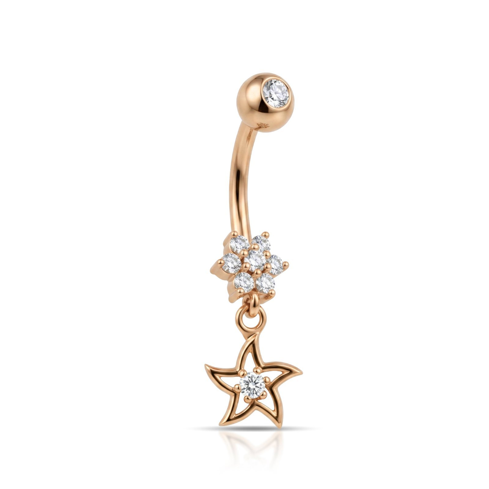 14 Ayar Altın Taşlı Çiçek ve Yıldız Sallantılı Göbek Piercing - Dianora Piercing Jewelry