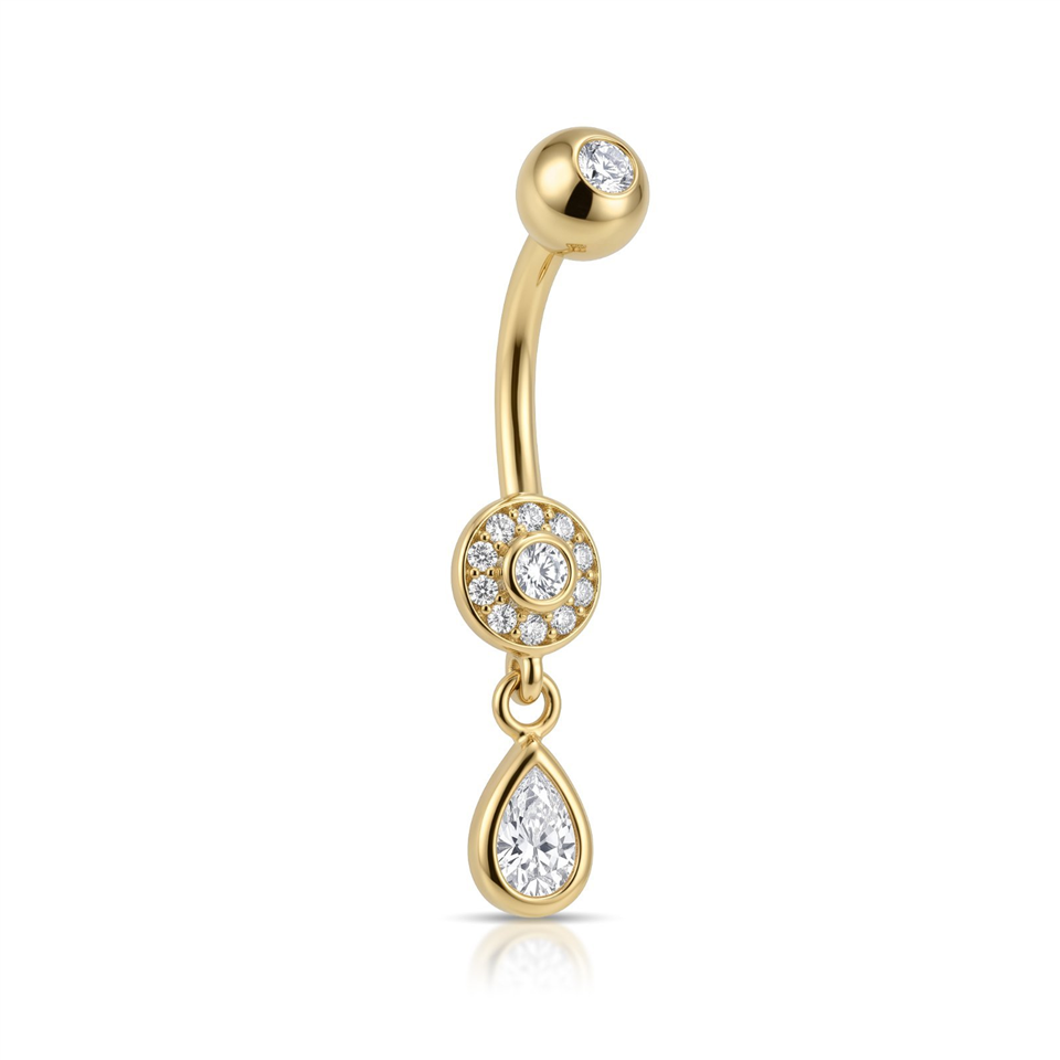 14 Ayar Altın Taşlı Damla Taş Sallantılı Göbek Piercing - Dianora Piercing Jewelry