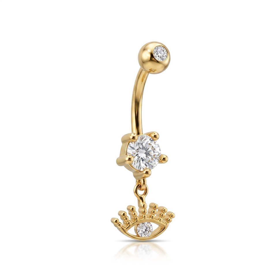 14 Ayar Altın Taşlı Göz Sallantılı Göbek Piercing - Dianora Piercing Jewelry