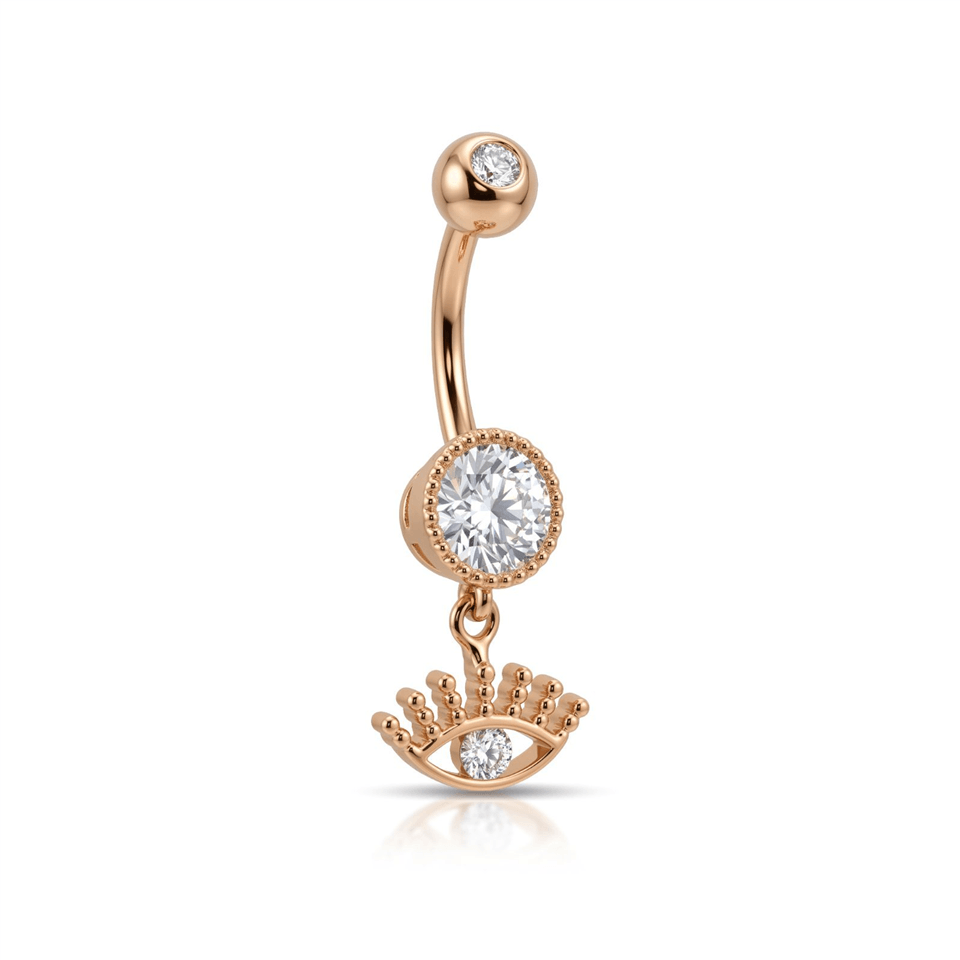 14 Ayar Altın Taşlı Göz Sallantılı Gösterişli Göbek Piercing - Dianora Piercing Jewelry